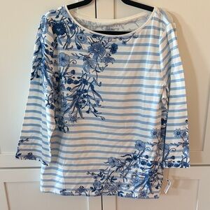 NWT Talbots Blue and White Floral Striped Long Sleeve Top